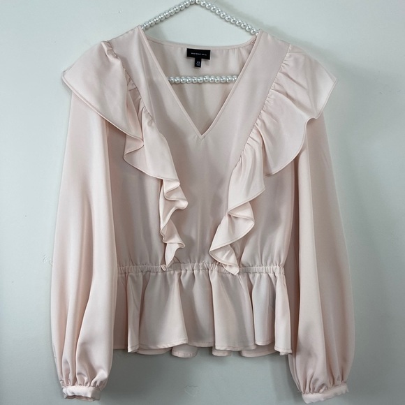 Who What Wear Blush Pink Ruffle Peplum Long Sleeve Silky Top XS - Picture 3 of 8